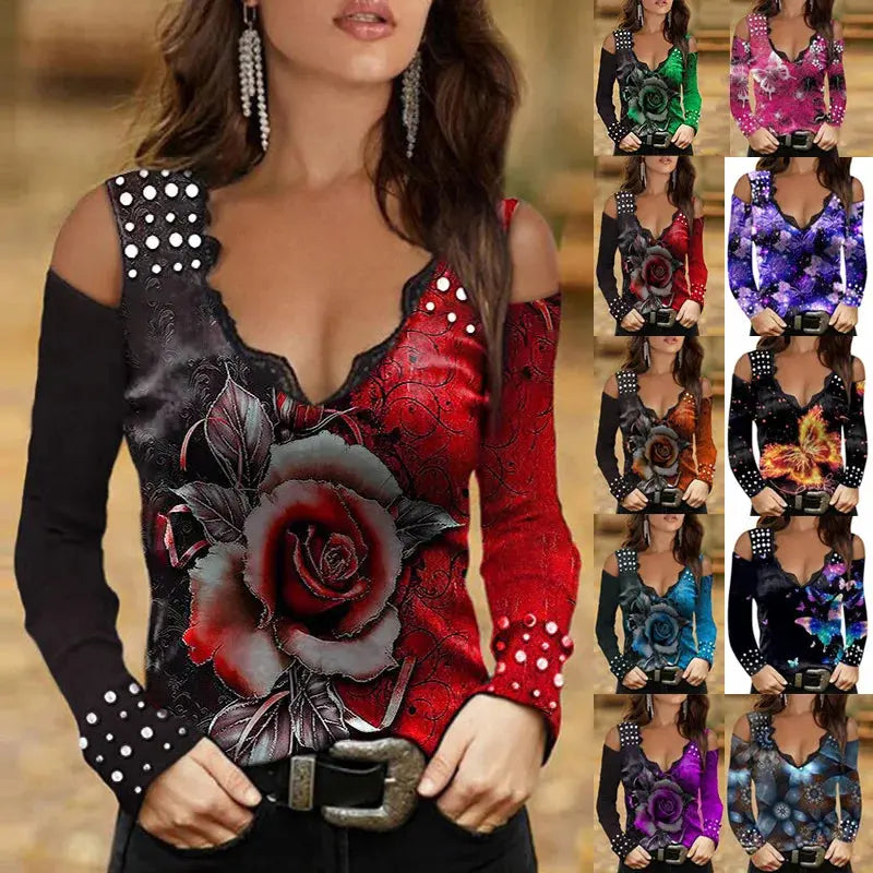 Summer T Shirt Women 2022 Period New Hot Style long-sleeved v-neck Sexy Printing Lace off-the-shoulder Female Tee Tshirts ZC241 Temu