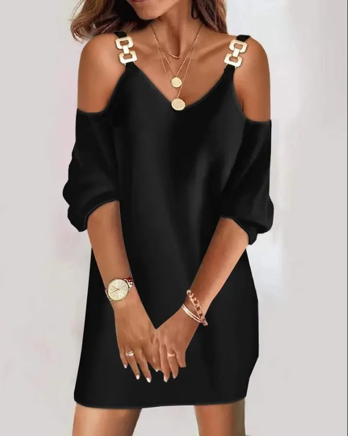 dresses for women 2022 Metal Decor Cold Shoulder Casual Dress Straight Mini Party dresses Chic Le'Meek