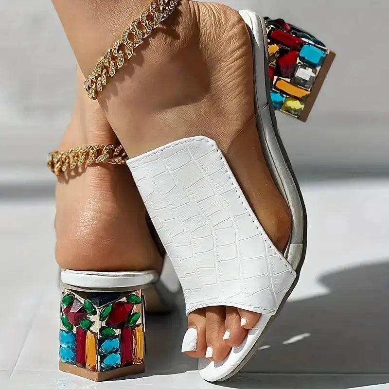 Women Crystal Sandals 2024 New Spring Summer Open Toe Sandals Square Heels Beach Fashion Sandals Women Sandalias De Mujer Chic Le'Meek