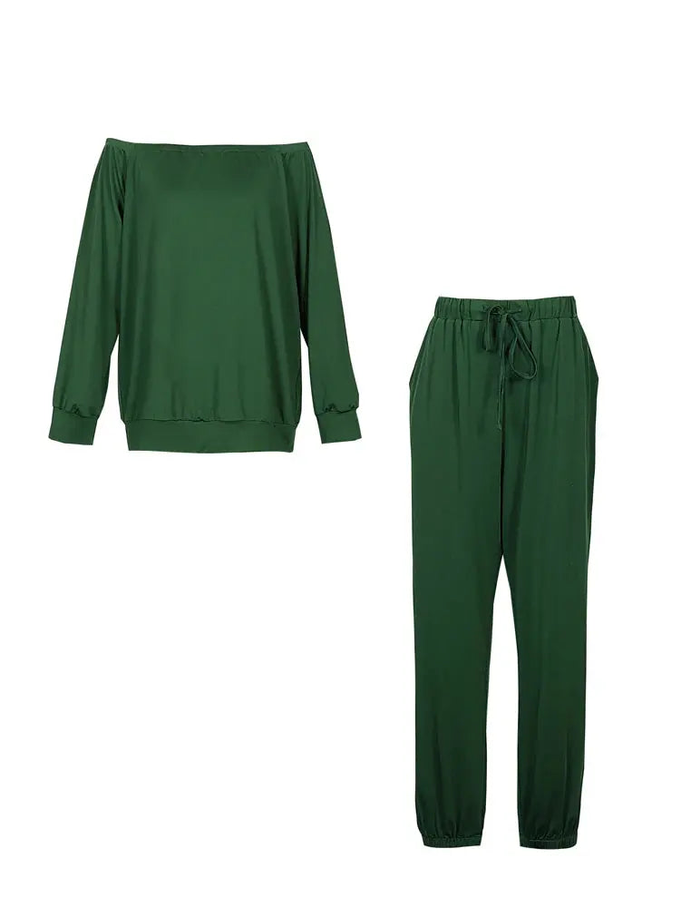 Plus Size 2025 Spring Summer New Women's Slant Shoulder Top and Skinny Pants Set Home Office Comfortable Versatile Chic Le'Meek