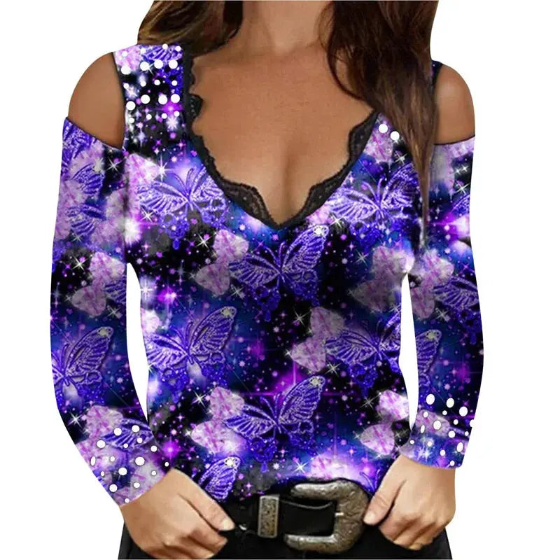 Summer T Shirt Women 2022 Period New Hot Style long-sleeved v-neck Sexy Printing Lace off-the-shoulder Female Tee Tshirts ZC241 Temu