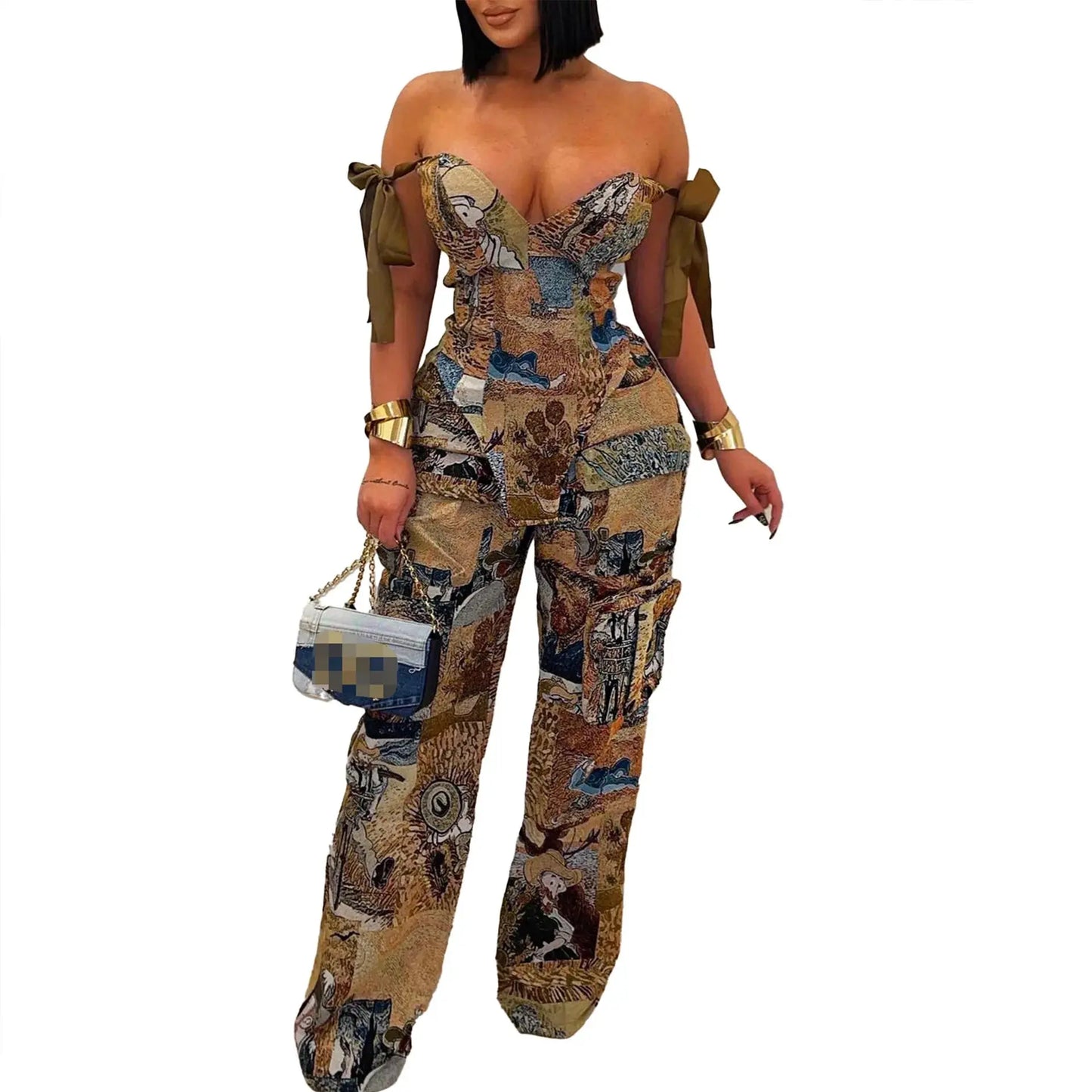 Oil Painting Printed Women's Set Lace Up Back Crop Top and Pants Suit 2025 Fall Winter Two 2 Piece Sets Outfit Tracksuit AliExpress