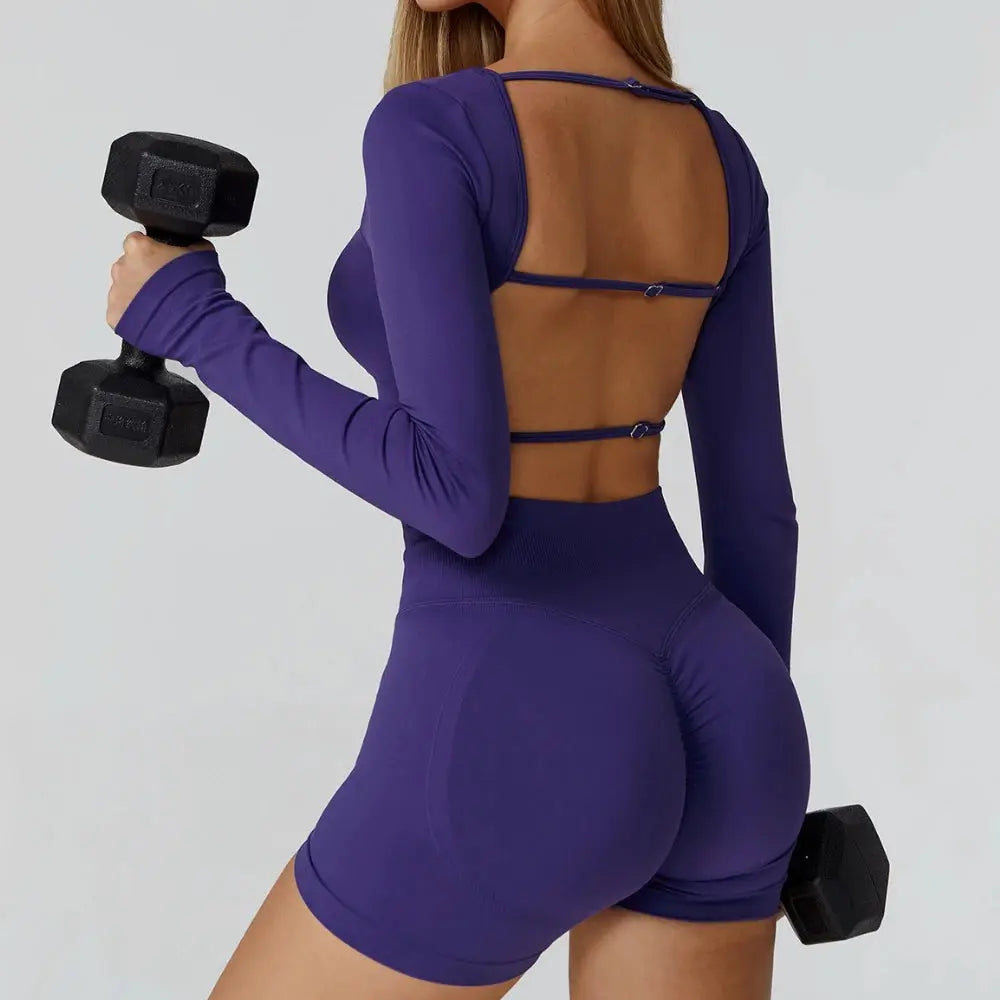 New Sexy Back Hollow Out Long Sleeve Yoga Shirts Square Neck Quick Dry Running Tops Tight Slimming Gym Fitness T-Shirt With Pads Chic Le'Meek