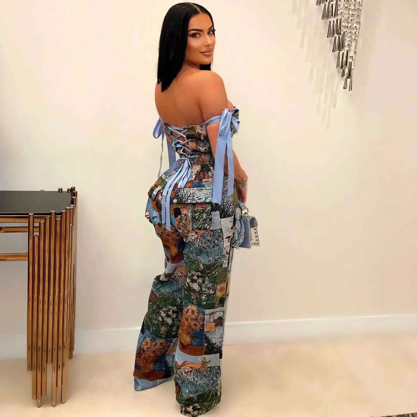 Oil Painting Printed Women's Set Lace Up Back Crop Top and Pants Suit 2025 Fall Winter Two 2 Piece Sets Outfit Tracksuit AliExpress
