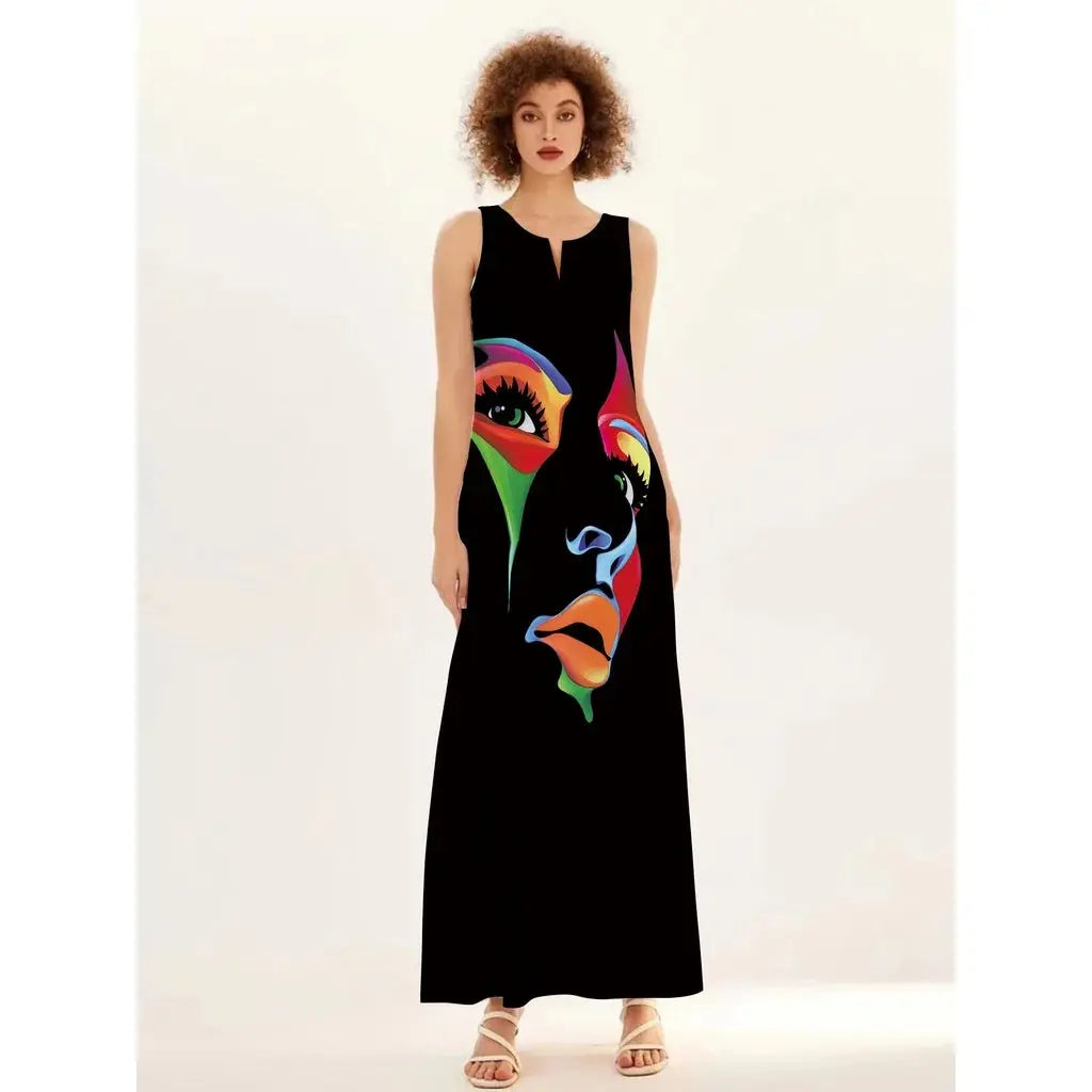 Mask printing Dress Sexy Sleeveless Dress V-Neck Casual Clothing Women Chic Le'Meek