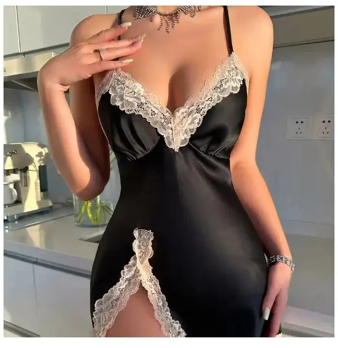 Sexy Backless Mini Female Nightgown Lingerie Summer Chemise Sleepwear Suspender Nightdress White Satin Lace Home Wear Loungewear Chic Le'Meek