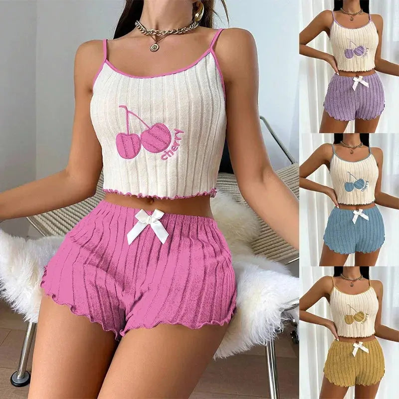 Summer 2pcs Pajamas Set for Women Casual Simple Ground Wool Halter Vest Shorts Set Home Wear Sleepwear Loungerwear Chic Le'Meek