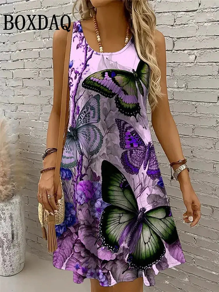 Dresses For Women 2025 Women Vacation Beach Summer Vest Butterfly Flowers Chic Le'Meek