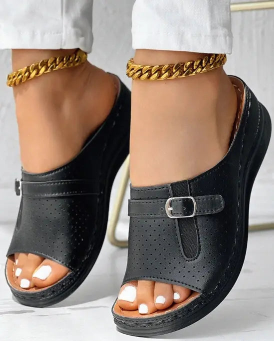 Shoes with hollowed out fish mouth button and sloping heel sandals AliExpress