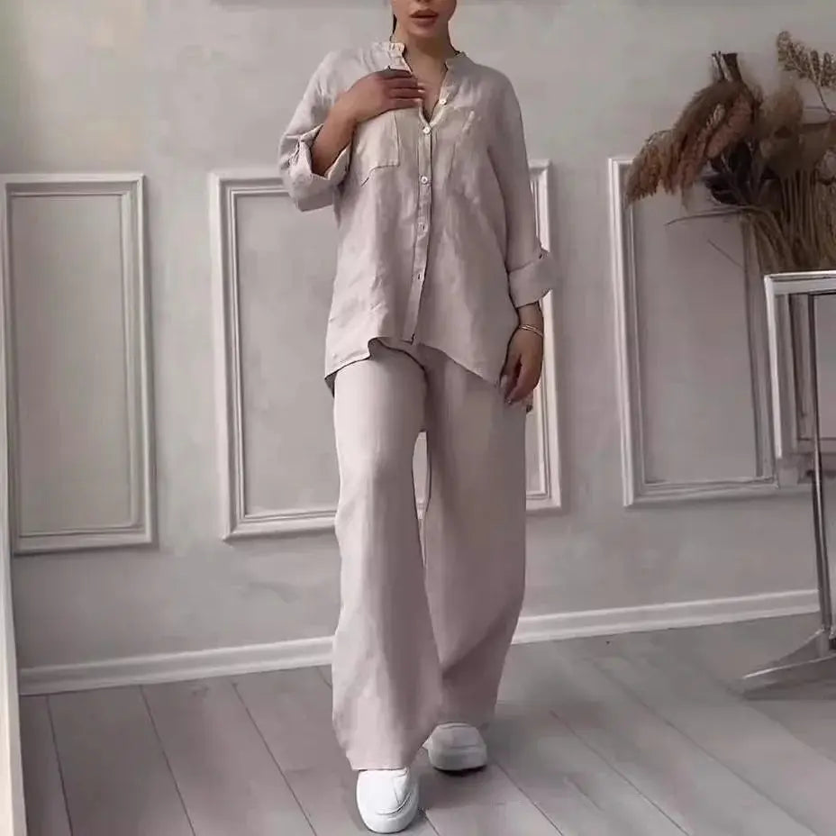Women Plus Size Two Pieces Set Drawstring Straight Elastic Waist and Long Sleeve Button Shirt Top Matching Set Linen Cotton Set Chic Le'Meek
