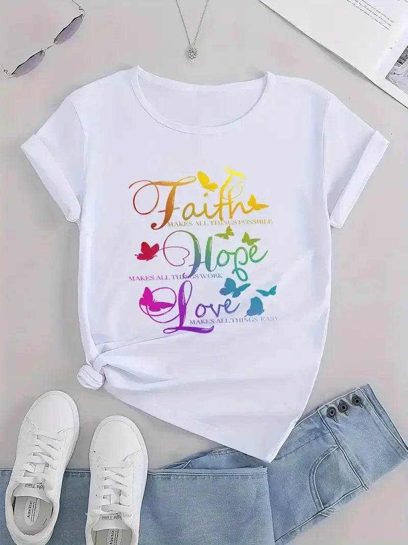 Plus Size Gradient Faith Hope Love Print T-Shirt Temu