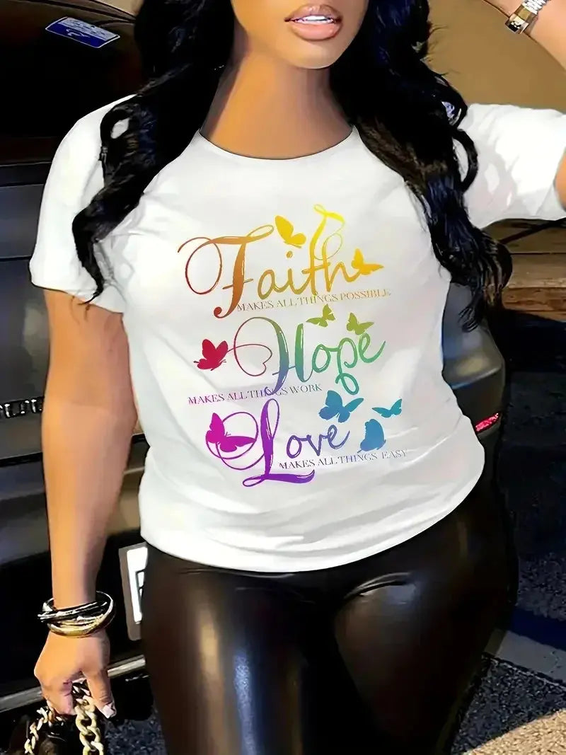 Plus Size Gradient Faith Hope Love Print T-Shirt Temu