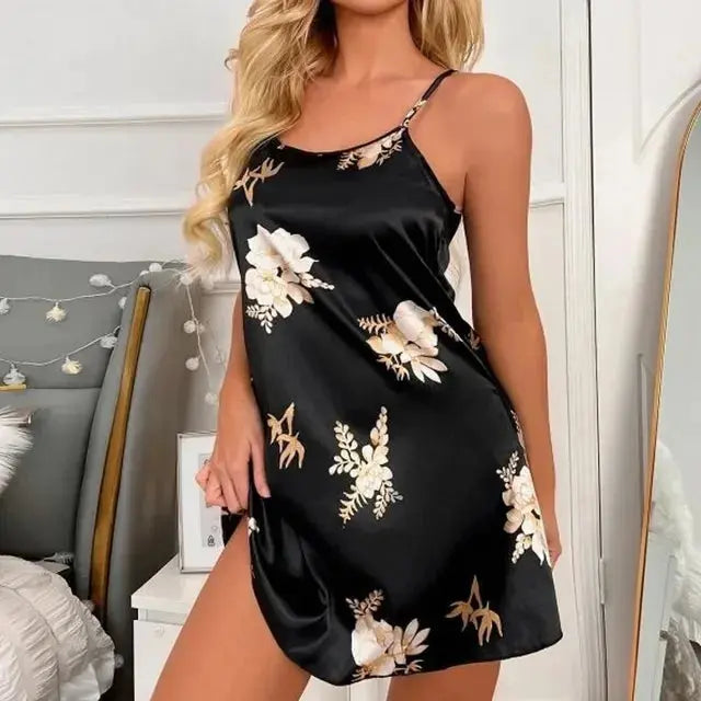 Women Nightwear Home Clothes Sexy Black Floral Printing Nightdress Sleepwear Nightshirts Silk Sleepshirts Nightgowns For Woman Chic Le'Meek