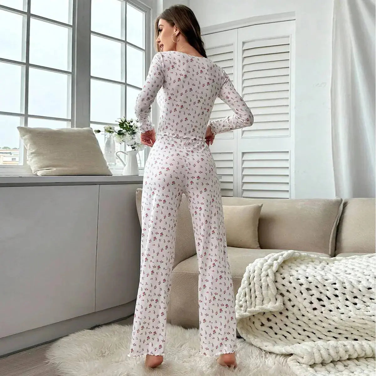 Sleepwear Women Floral Print Lettuce Trim Top with Long Pant Lovely Loungewear Chic Le'Meek