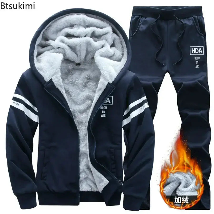 2024 Men's Thicken Warm Tracksuit Set Cardigan Fleece Hood Jacket+Pants Sweatshirts Male 2 Piece Sets Hoodies Suit Coat Big Size Temu