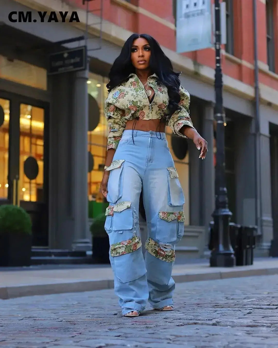 CM.YAYA Washed Denim Women's Set Full Sleeve Floral Jacket and Pockets Cargo Jeans Pants Suit 2024 Street Two 2 Piece Set Outfit Chic Le'Meek
