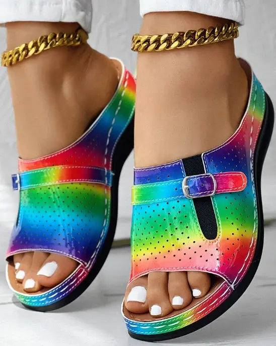 Shoes with hollowed out fish mouth button and sloping heel sandals AliExpress