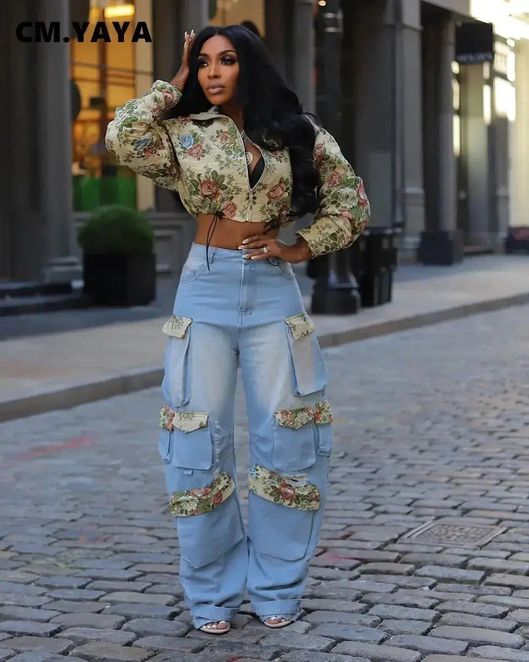 CM.YAYA Washed Denim Women's Set Full Sleeve Floral Jacket and Pockets Cargo Jeans Pants Suit 2024 Street Two 2 Piece Set Outfit Chic Le'Meek