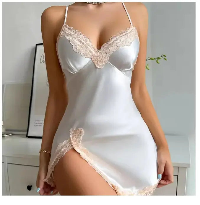 Sexy Backless Mini Female Nightgown Lingerie Summer Chemise Sleepwear Suspender Nightdress White Satin Lace Home Wear Loungewear Chic Le'Meek