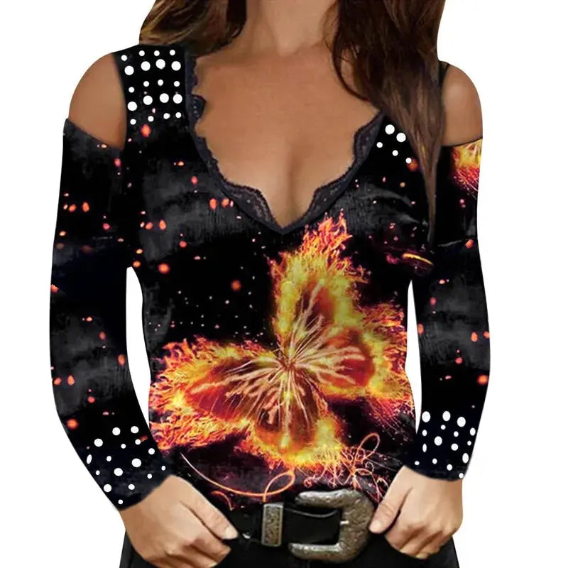 Summer T Shirt Women 2022 Period New Hot Style long-sleeved v-neck Sexy Printing Lace off-the-shoulder Female Tee Tshirts ZC241 Temu