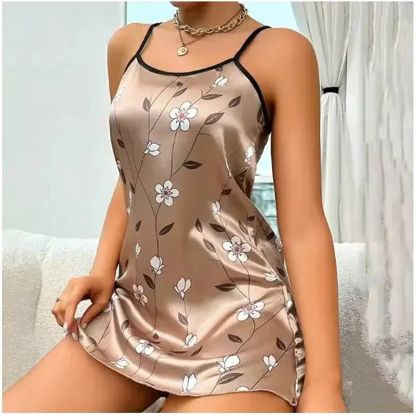 Women Nightwear Home Clothes Sexy Black Floral Printing Nightdress Sleepwear Nightshirts Silk Sleepshirts Nightgowns For Woman Chic Le'Meek