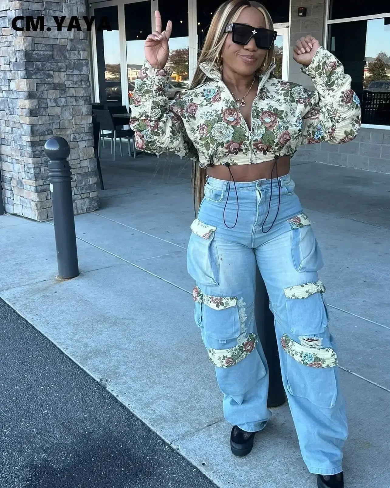 CM.YAYA Washed Denim Women's Set Full Sleeve Floral Jacket and Pockets Cargo Jeans Pants Suit 2024 Street Two 2 Piece Set Outfit Chic Le'Meek