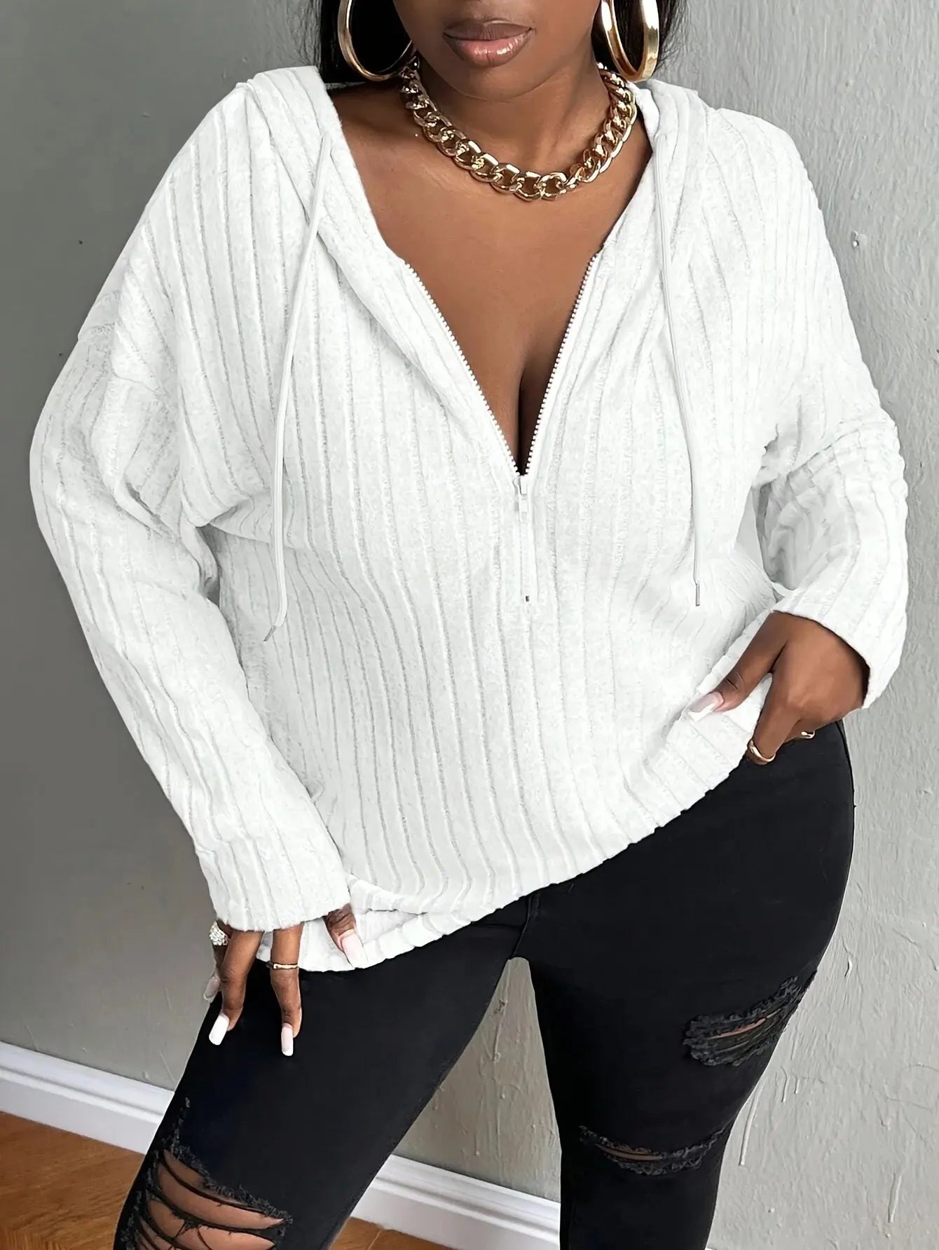 Plus size European and American cross-border autumn and winter new casual solid color half zipper hooded sweatshirt Chic Le'Meek