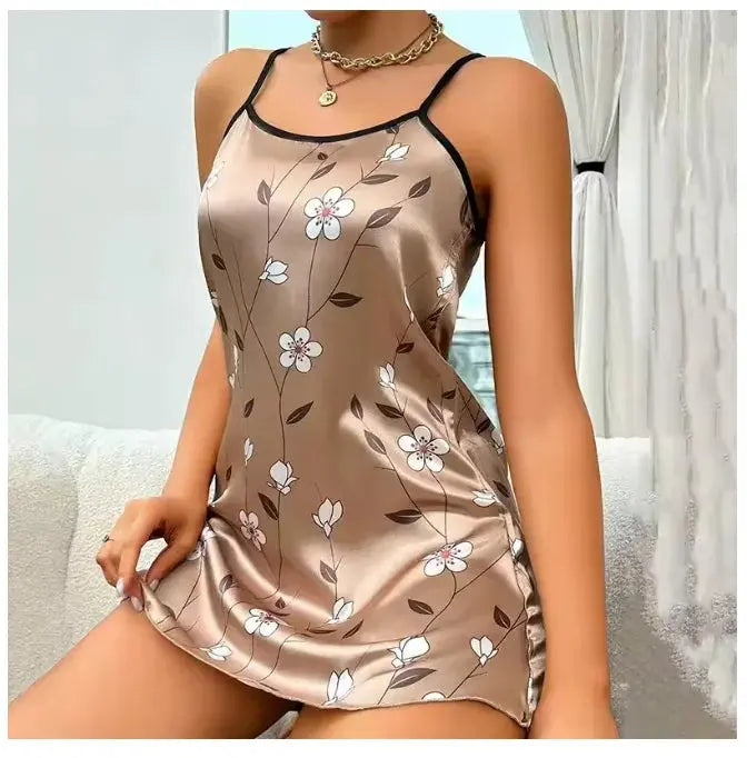 Women's Sleepwear Summer Floral Print Satin Nightgown Casual Sleeveless Backless Slip Night Dress Sexy Nightdress Home Clothes Chic Le'Meek