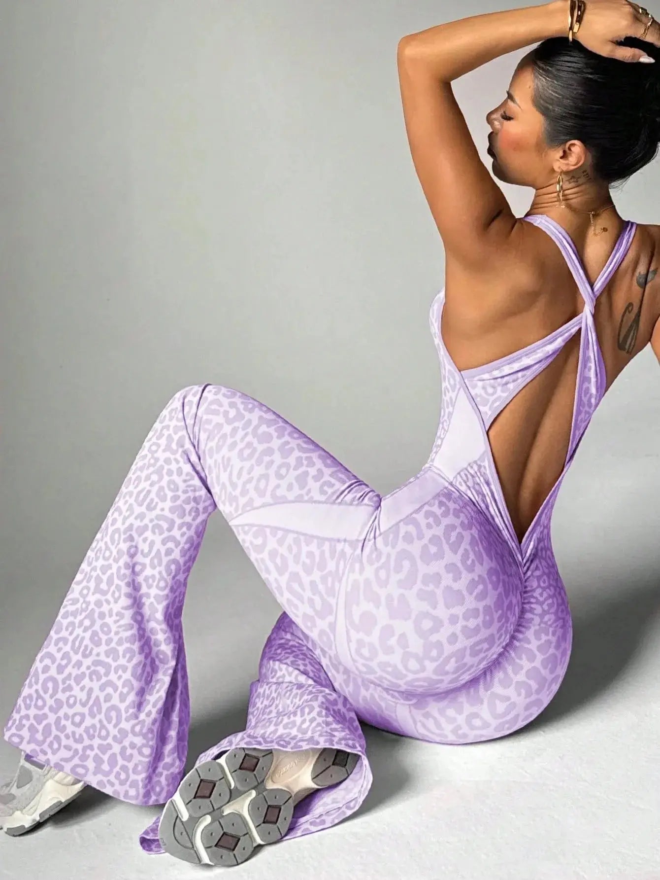 Women Jumpsuit Yoga Leopard Hollow Out Bodysuit Flared Backless Cross Lady Sports Gym Jumpsuit High Waist for Woman Fitness Chic Le'Meek