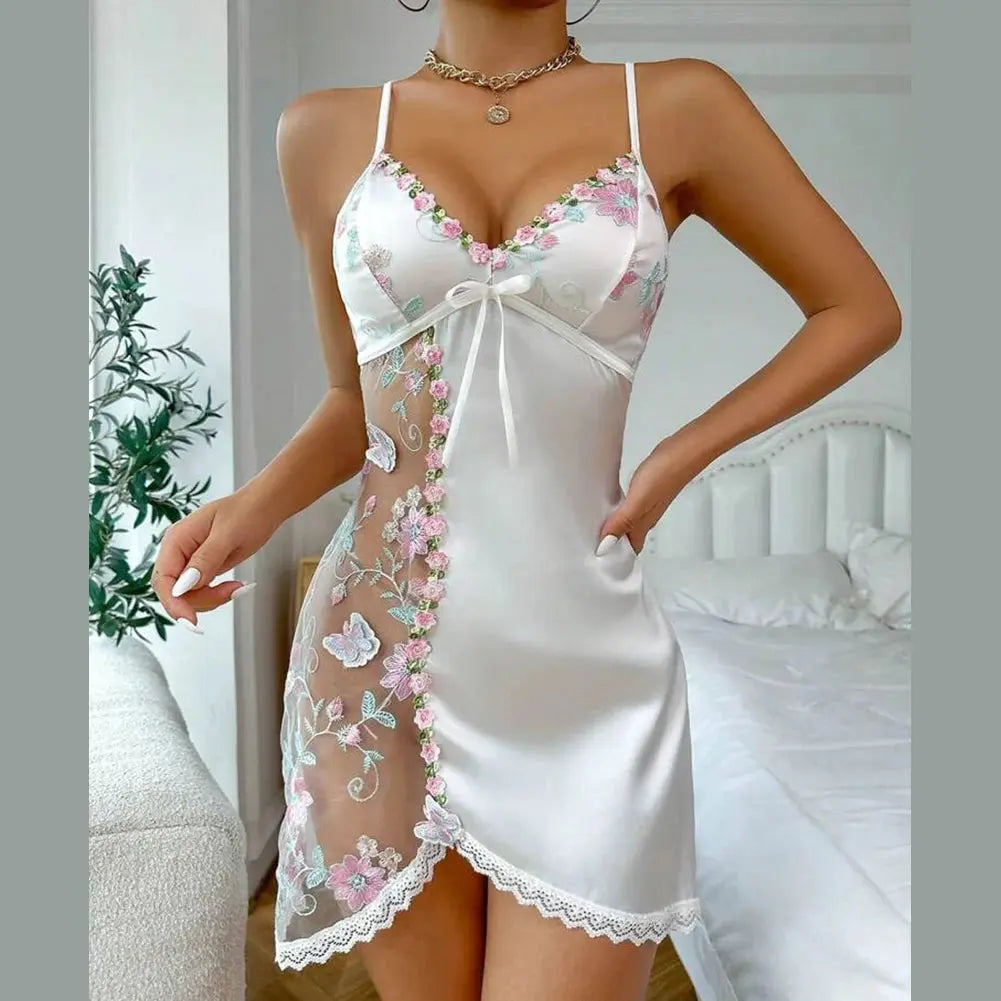 Woman Floral Lace Pajama Side See Through Spliced Flowers Pajama Night Dress Open Back Satin Nightgown Chic Le'Meek