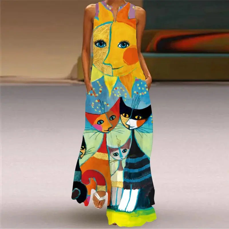 Mask printing Dress Sexy Sleeveless Dress V-Neck Casual Clothing Women Chic Le'Meek