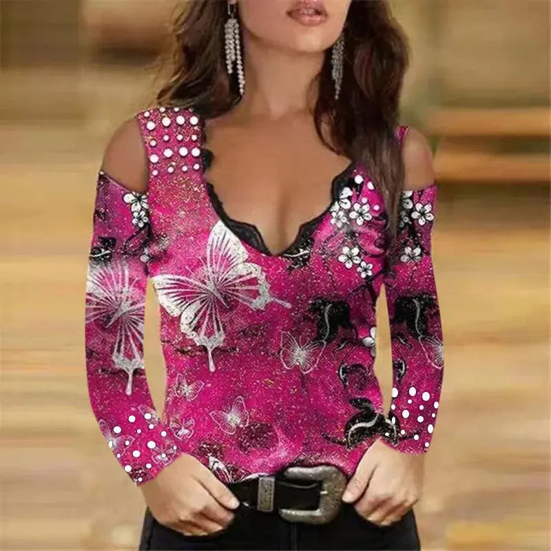 Summer T Shirt Women 2022 Period New Hot Style long-sleeved v-neck Sexy Printing Lace off-the-shoulder Female Tee Tshirts ZC241 Temu
