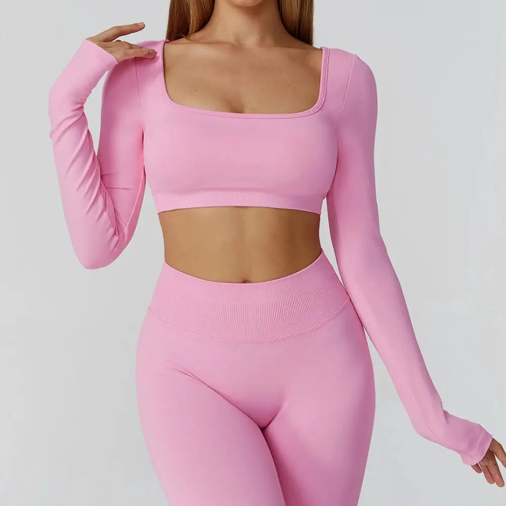 New Sexy Back Hollow Out Long Sleeve Yoga Shirts Square Neck Quick Dry Running Tops Tight Slimming Gym Fitness T-Shirt With Pads Chic Le'Meek