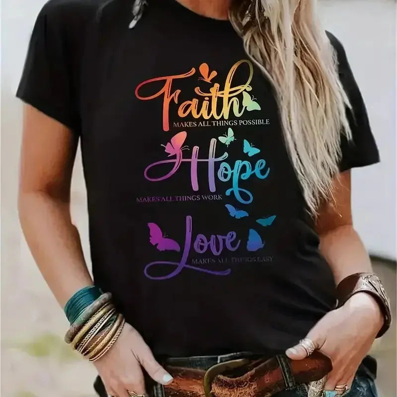 Plus Size Casual T-shirt Women's Plus Butterfly & Slogan Print Short Sleeve Round Neck Slight Stretch T-shirt Chic Le'Meek