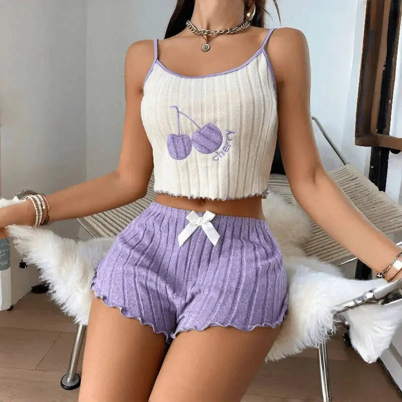 Summer 2pcs Pajamas Set for Women Casual Simple Ground Wool Halter Vest Shorts Set Home Wear Sleepwear Loungerwear Chic Le'Meek