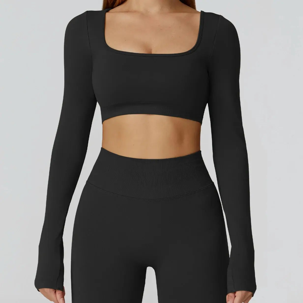 New Sexy Back Hollow Out Long Sleeve Yoga Shirts Square Neck Quick Dry Running Tops Tight Slimming Gym Fitness T-Shirt With Pads Chic Le'Meek