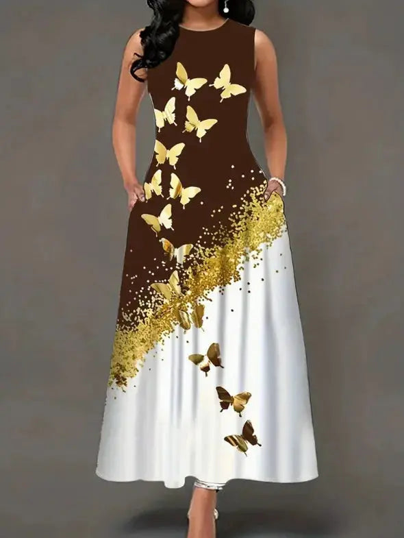 Plus size dress spring and summer new style dress European and American butterfly print pocket round neck vest A-line dress Chic Le'Meek