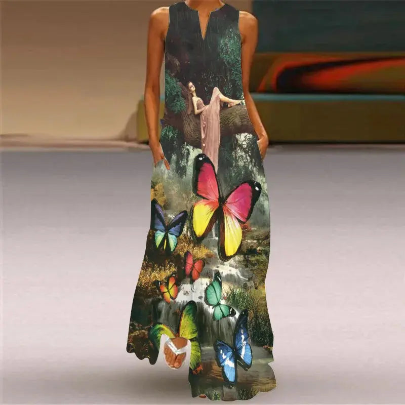 Mask printing Dress Sexy Sleeveless Dress V-Neck Casual Clothing Women Chic Le'Meek
