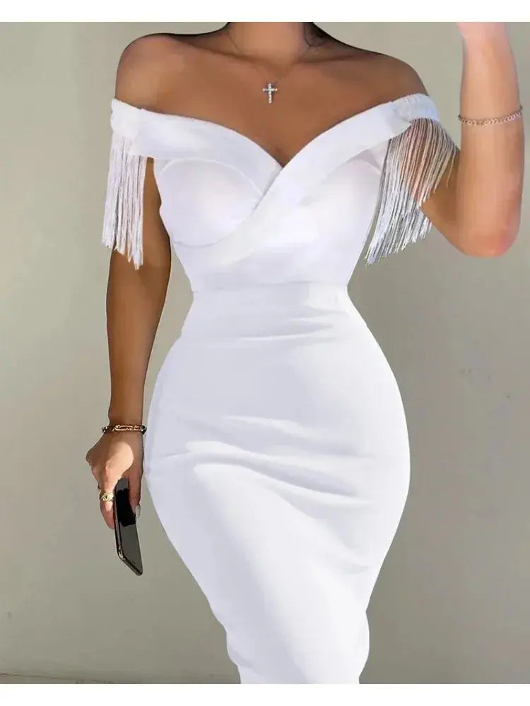 Women Dress Summer Sexy Solid High Waist Dresses Ladies Slash Neck Evening Tassel Backless Splice Midi Vestidos Party Clothing Chic Le'Meek