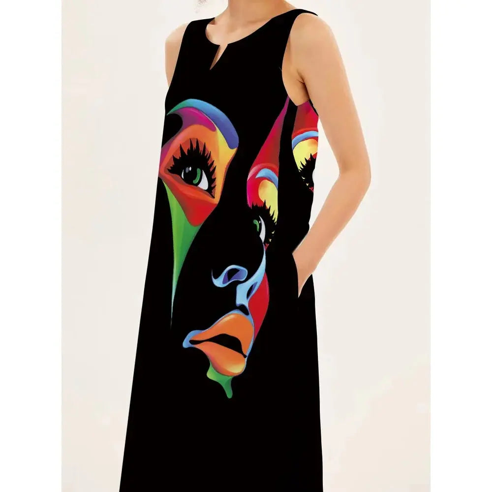 Mask printing Dress Sexy Sleeveless Dress V-Neck Casual Clothing Women Chic Le'Meek