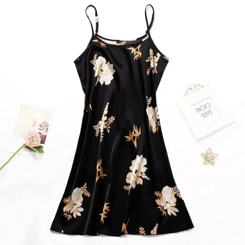 Women Nightwear Home Clothes Sexy Black Floral Printing Nightdress Sleepwear Nightshirts Silk Sleepshirts Nightgowns For Woman Chic Le'Meek