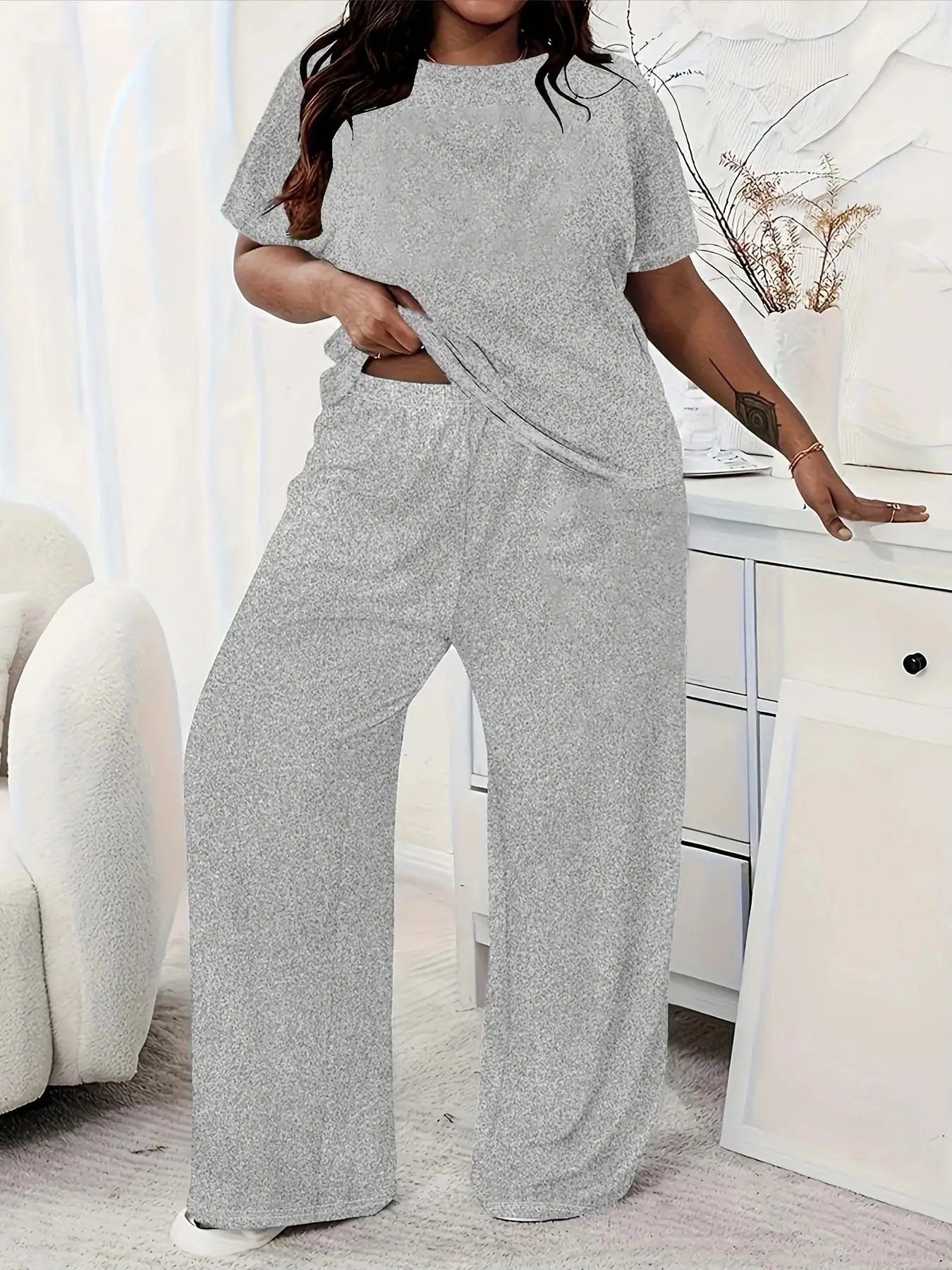 Plus Size Two Piece Summer Casual Solid Colour Tops, Yoga Wear Exercise Set, Tops and Pants Chic Le'Meek