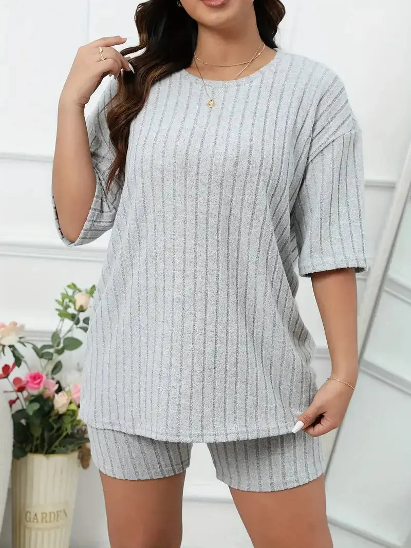 Plus Size Women's Lounge Set Top and Shorts Sets Ladies Solid Ribbed Short Sleeve Round Neck Top & Shorts Pajamas 2 Piece Set Chic Le'Meek