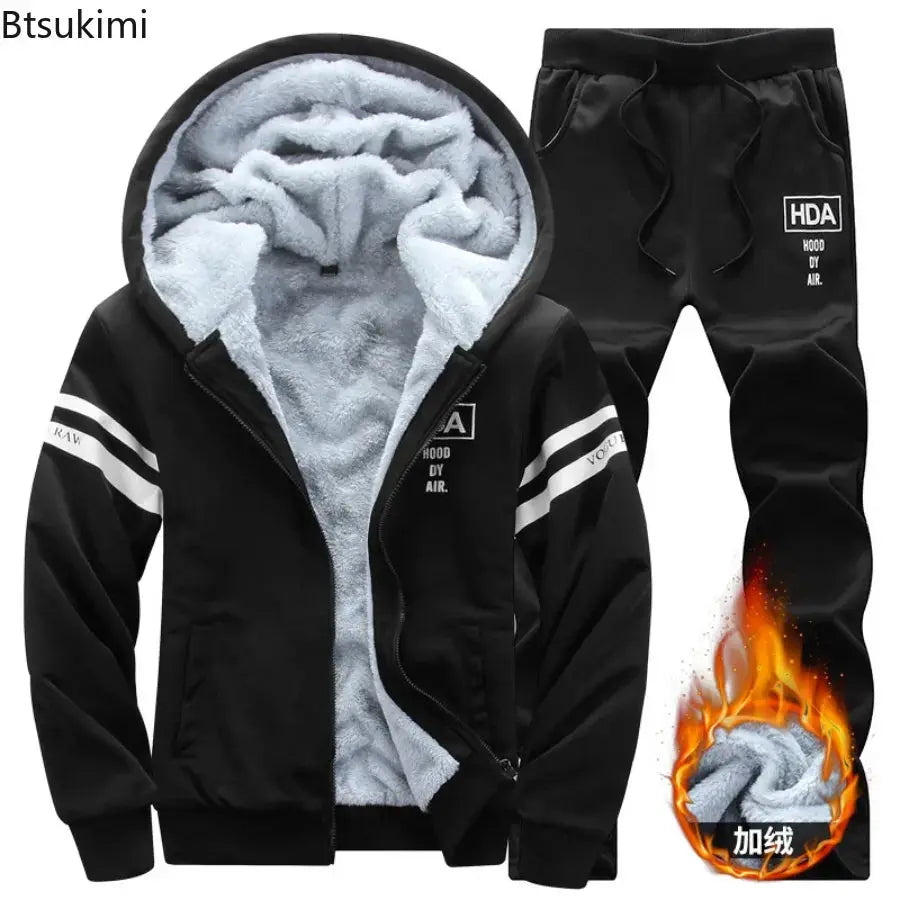 2024 Men's Thicken Warm Tracksuit Set Cardigan Fleece Hood Jacket+Pants Sweatshirts Male 2 Piece Sets Hoodies Suit Coat Big Size Temu