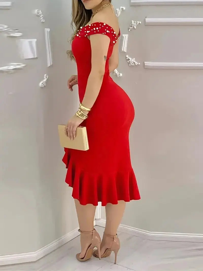 Womens Dresses New Summer Fashion Beaded Off Shoulder Ruffles Slit Hem Chic Le'Meek