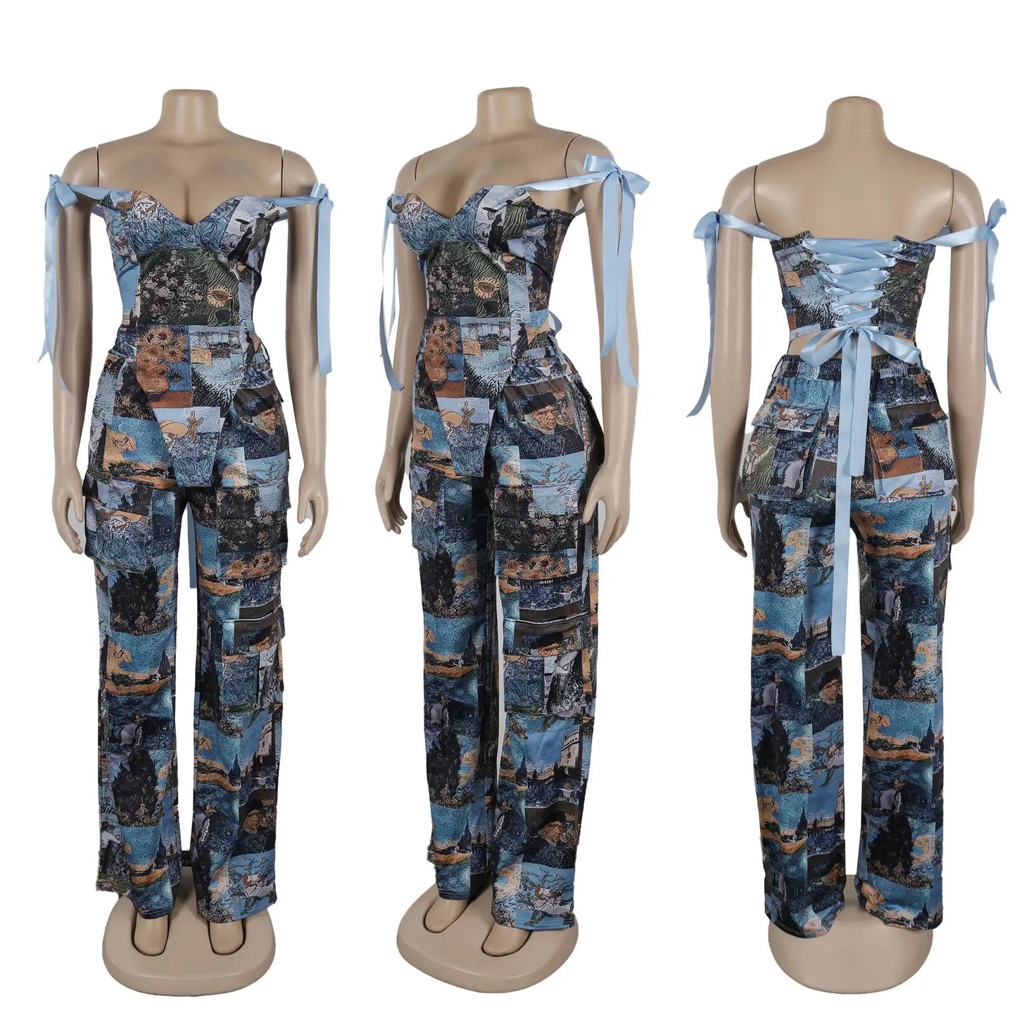 Oil Painting Printed Women's Set Lace Up Back Crop Top and Pants Suit 2025 Fall Winter Two 2 Piece Sets Outfit Tracksuit AliExpress