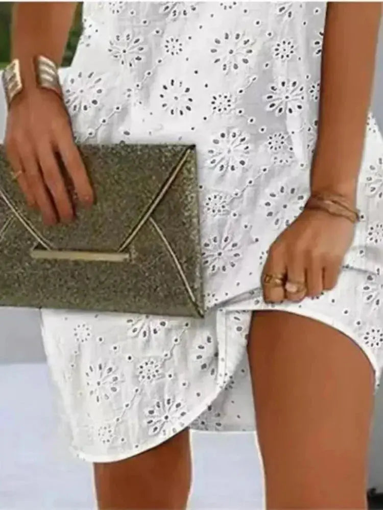 Elegant Dresses V-Neck Eyelet Embroidery Tied Detail Sleeveless Mini Straight Dress Vacation Fashion Summer Dress Chic Le'Meek