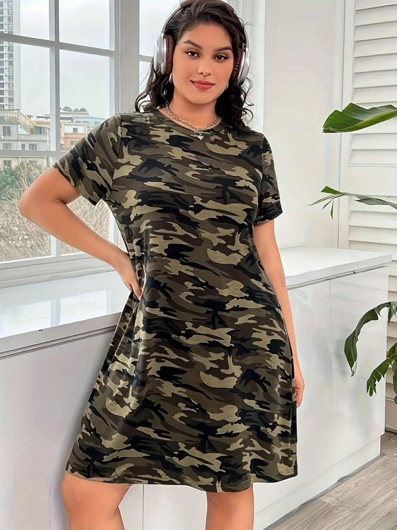 Plus Size Women Casual Dress Summer Comfortable short sleeve simple Female Dress Camouflage Print Holiday Theme Dress Chic Le'Meek