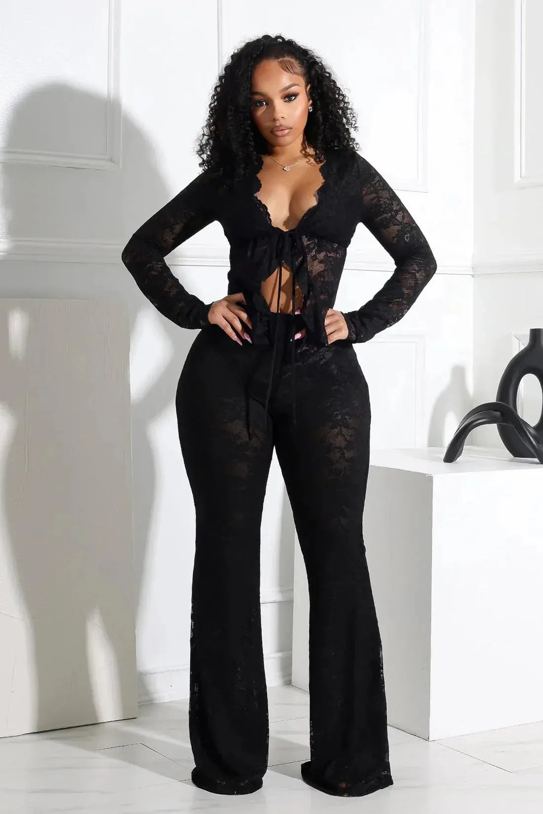 Pant Sets Women Two Pieces Cardigan Lace Sexy Tops Tracksuit Full Wide Leg Pants Loose Fit Casual Spliced High Waist Solid Chic Le'Meek