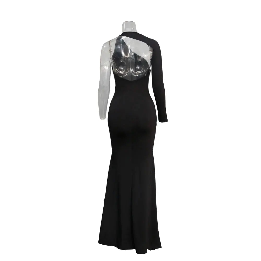 Spring Fall Longuette Long-sleeved Elastic Force Single Sleeve Slim Long Women's Dress Chic Le'Meek
